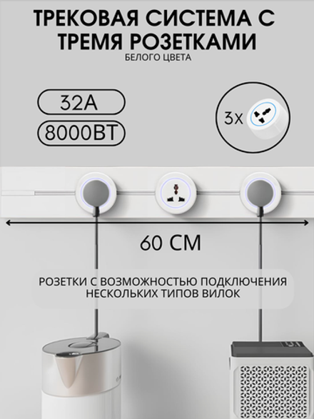 Трековая система белого цвета с универсальными розетками, металлическая шина 60 см + 3 штуки розеток