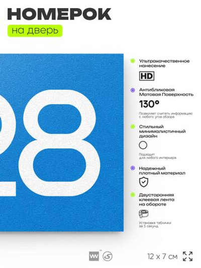 Номер на дверь 928, табличка на дверь для офиса, квартиры, кабинета, аудитории, склада, голубая 120х70 мм, Айдентика Технолоджи