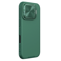 Чехол зеленого цвета (Dark Green) от Nillkin с металлической откидной крышкой для камеры на iPhone 16 Pro, серия CamShield Prop Case