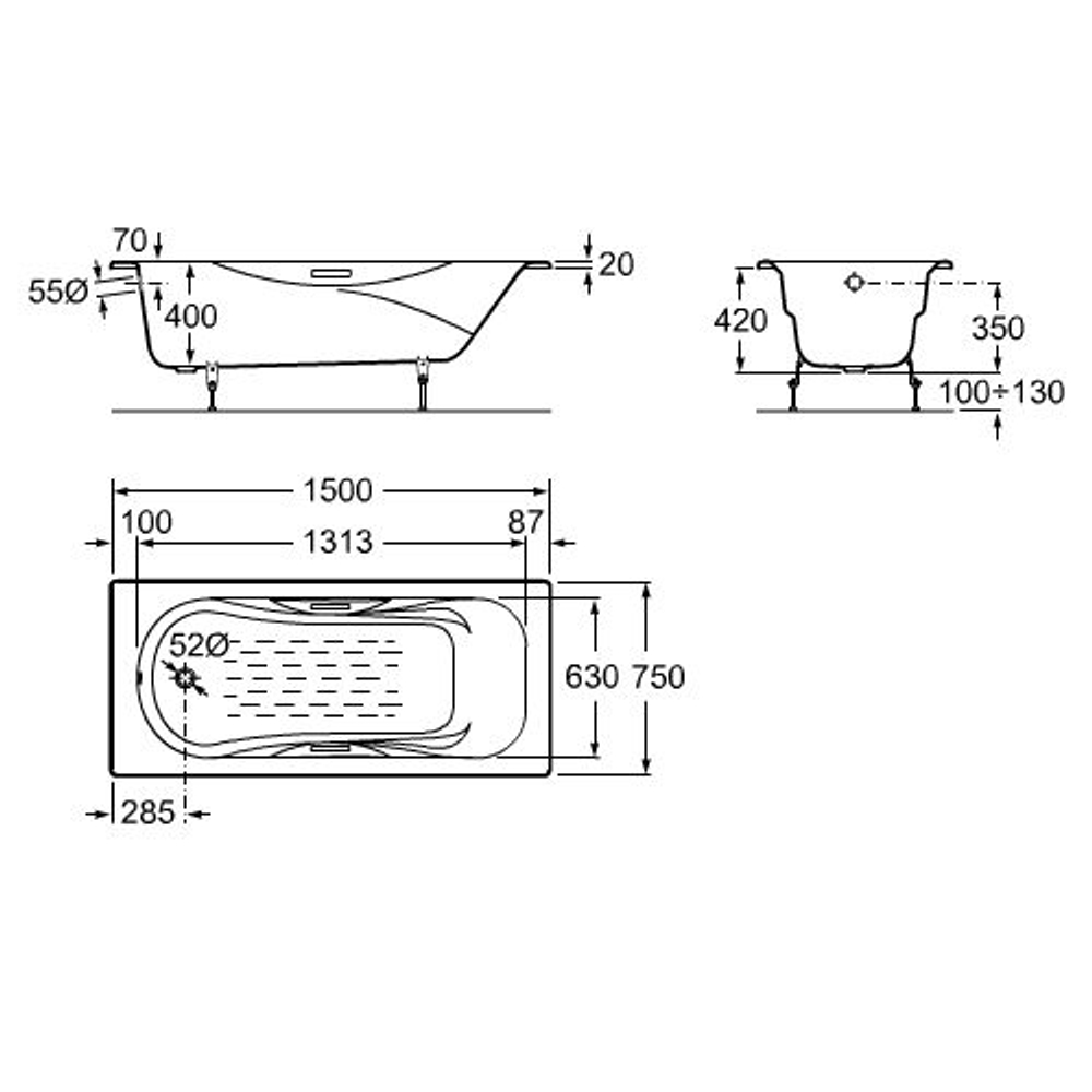 72315G000R ВАННА ЧУГУННАЯ MALIBU 150 C/(F,OA,ER) БЕЛ (с ручками) (В комплекте с ножками)