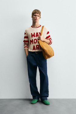 ZARA ФУТБОЛКА В ПОЛОСКУ ИЗ КОМБИНИРОВАННОЙ ТКАНИ, БЕЖЕВЫЙ