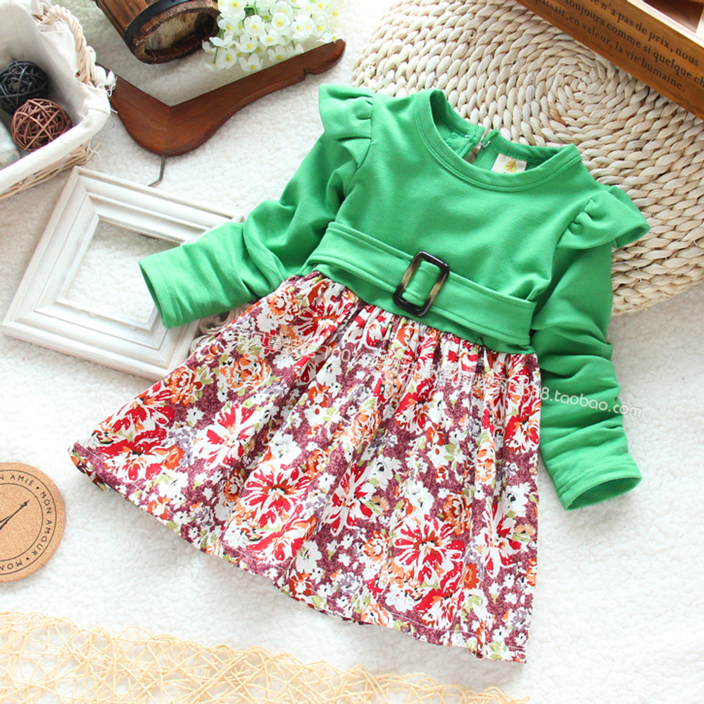 Платье детское с однотонным верхом и юбкой с цветочным принтом