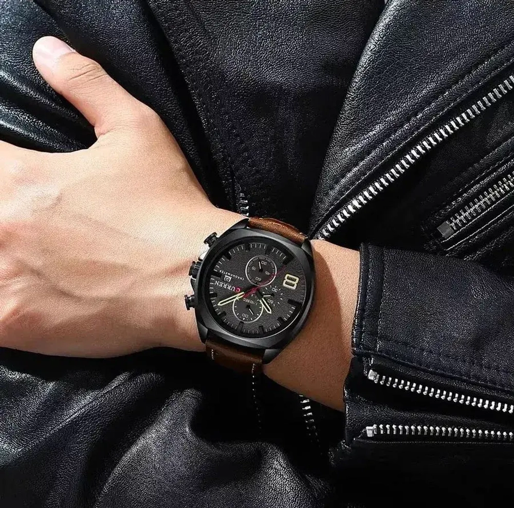 Часы наручные кварцевые CURREN на кожаном ремешке, черный/коричневый W8490-01