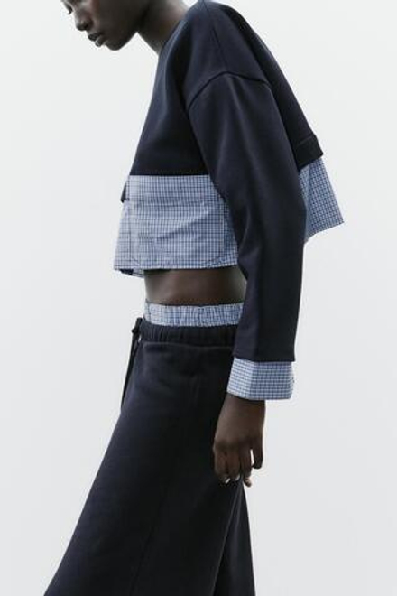 ZARA УКОРОЧЕННАЯ ТОЛСТОВКА С КОНТРАСТНЫМИ ДЕТАЛЯМИ, МОРСКОЙ СИНИЙ
