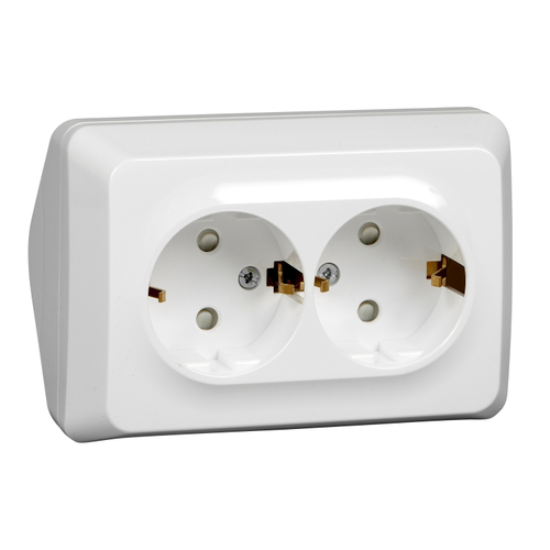 Schneider Electric ЭТЮД Белый Розетка 2-местная угловая с заземляющими контактами со шторками 16А, 250B открытая установка PA16-108B