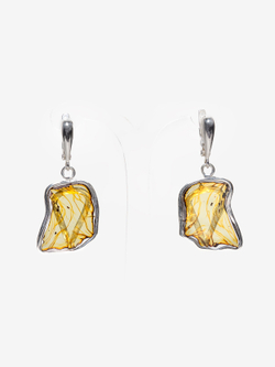 Уникальные серебряные серьги с цельным пейзажным янтарем, серебро 925 пробы