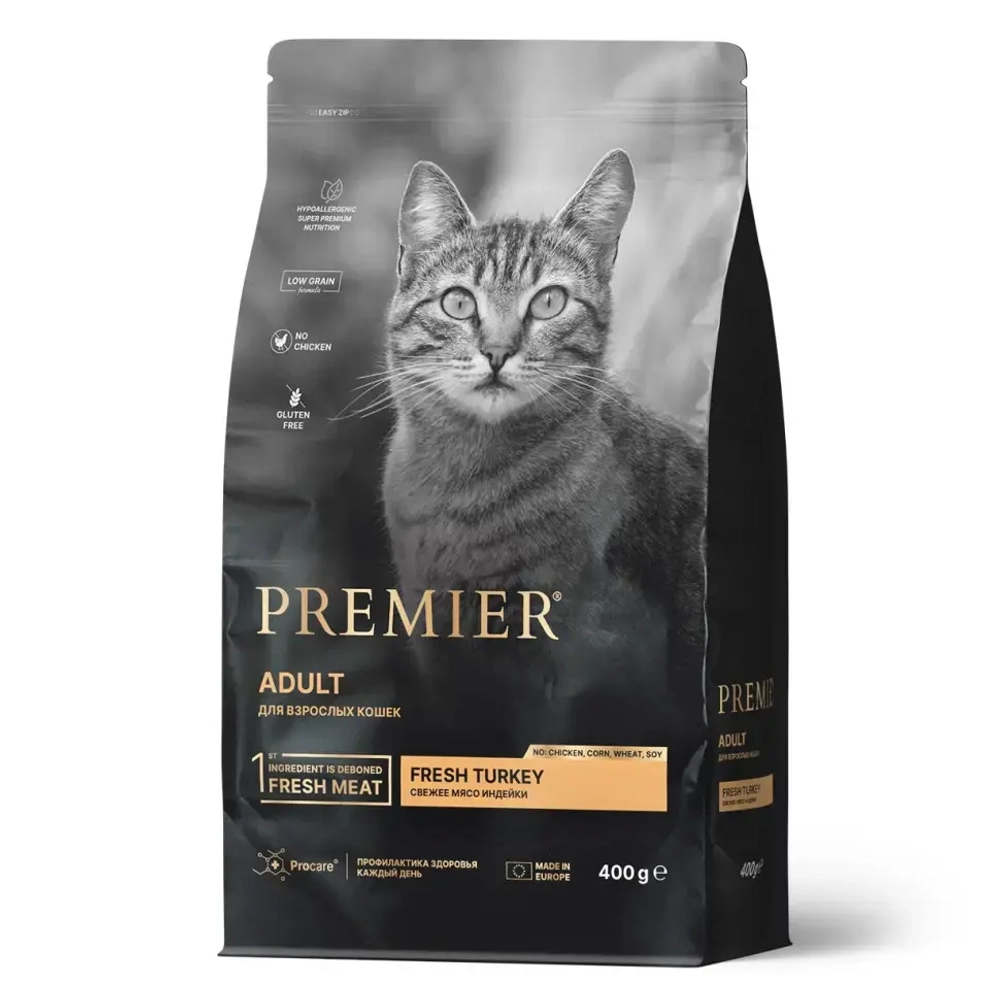Premier cat turkey adult сухой корм для взрослых кошек, свежая индейка - 400 г