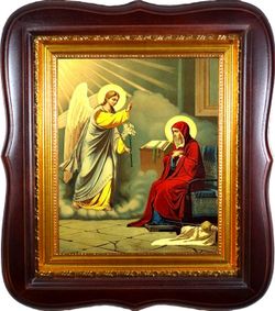 Благовещение Пресвятой Богородицы. Икона на холсте в киоте 24 х 27 см.