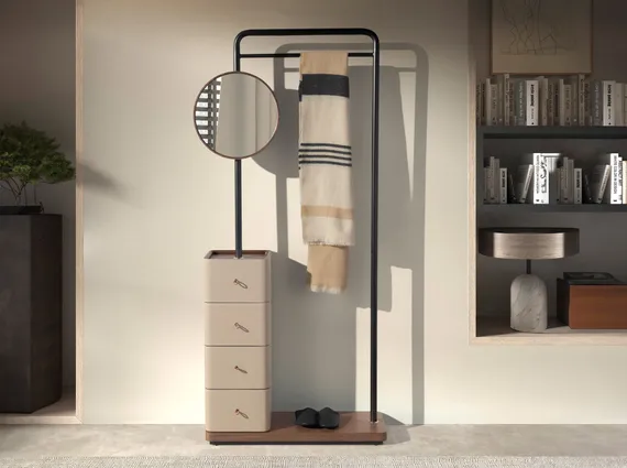 Вешалка для одежды 3281 из кожи, ореха и черной стали с зеркалом