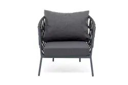 "Диего" кресло плетеное из роупа, каркас алюминий темно-серый (RAL7024) муар, роуп темно-серый круглый, ткань темно-серая 027