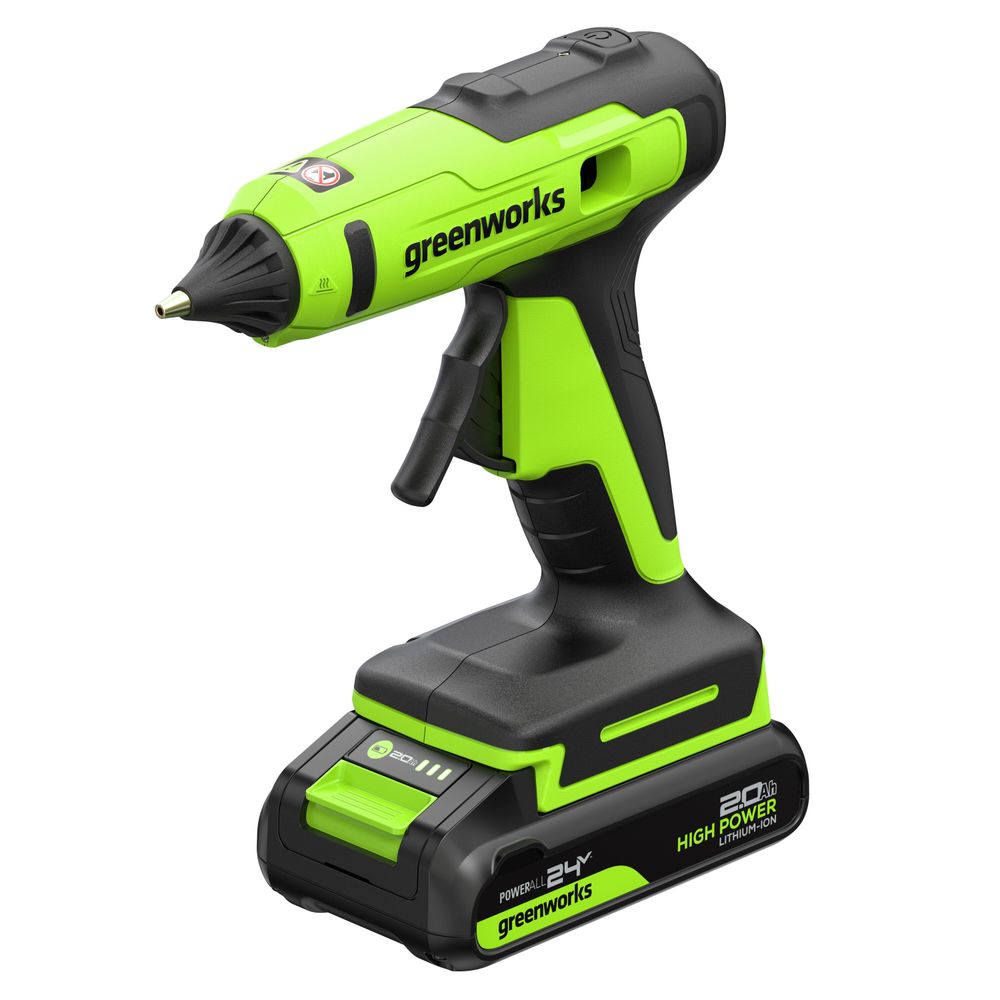 Пистолет клеевой акк. Greenworks G24GLG, 24V, 150°С, нагрев 90 сек, стержни 11 мм, антикапля,1х2Ач,ЗУ,кор (3502207CUA)