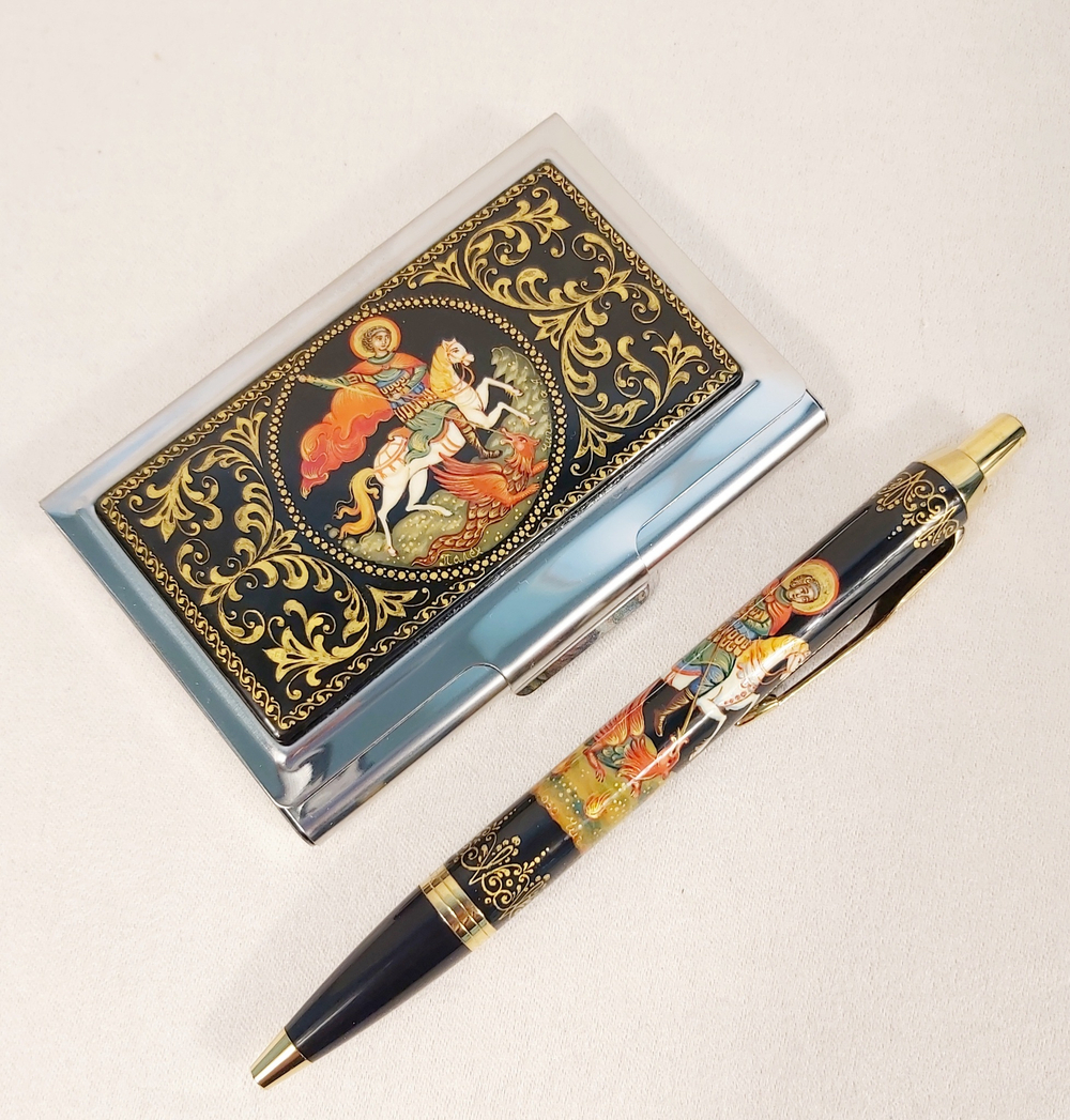 Набор "Георгий Победоносец" №5  визитница, ручка с ручной росписью Палех