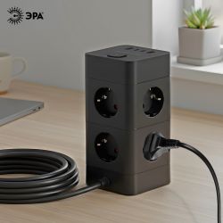 Сетевой фильтр ЭРА TWR-8es-1,5m-4USB-B башня с защитой заземлением с выключателем 8 розеток+4xUSBA+C 1,5м 16А черный | Электротовары