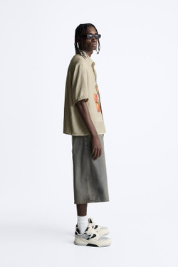 ZARA РУБАШКА В ПОЛОСКУ С КОНТРАСТНЫМ ПРИНТОМ, БЕЖЕВЫЙ