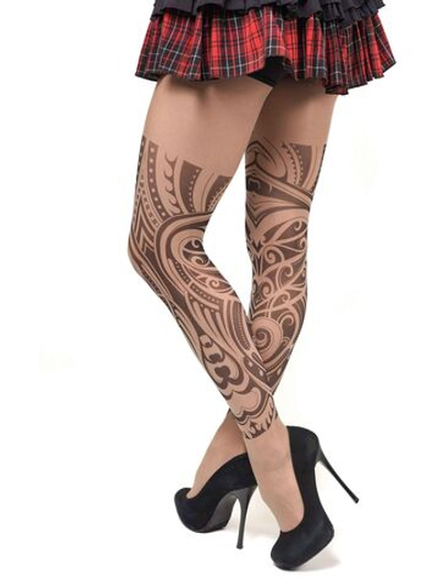Колготки с принтом в виде тату-чулок (Размер: S-M-L) (Цвет: бежевый)