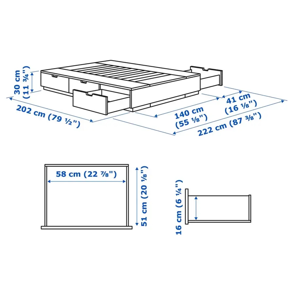 Каркас кровати с ящиком и матрасом - IKEA NORDLI, 200х140 см, матрас средне-жесткий, белый, НОРДЛИ ИКЕА