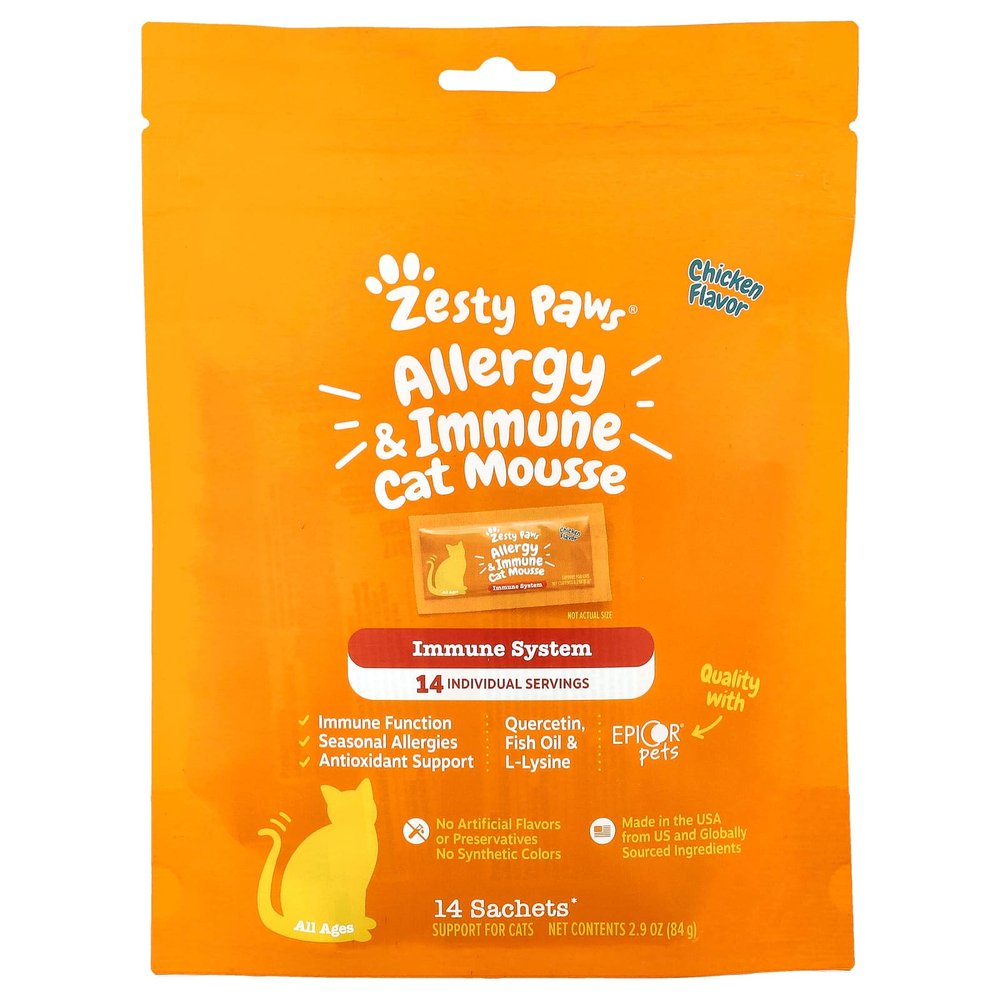 Zesty Paws, Мусс для кошек против аллергии и иммунитета, для кошек, для всех возрастов, с курицей, 14 пакетиков по 6 г (0,2 унции)