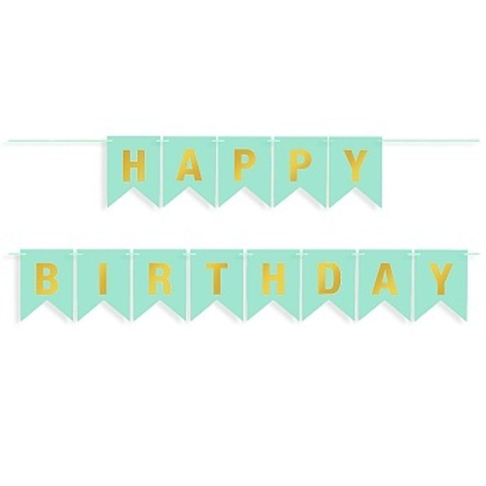 Гирлянда Флажки, Happy Birthday, Тиффани/Золото, Металлик, 500 см, 16*12 см.