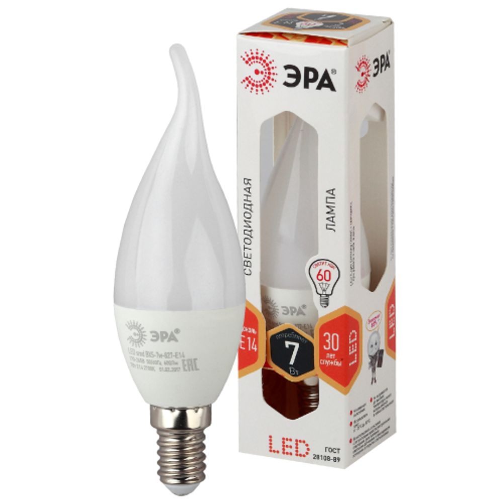 Лампа светодиодная ЭРА STD LED BXS-7W-827-E14 7Вт свеча на ветру теплый белый свет Е14
