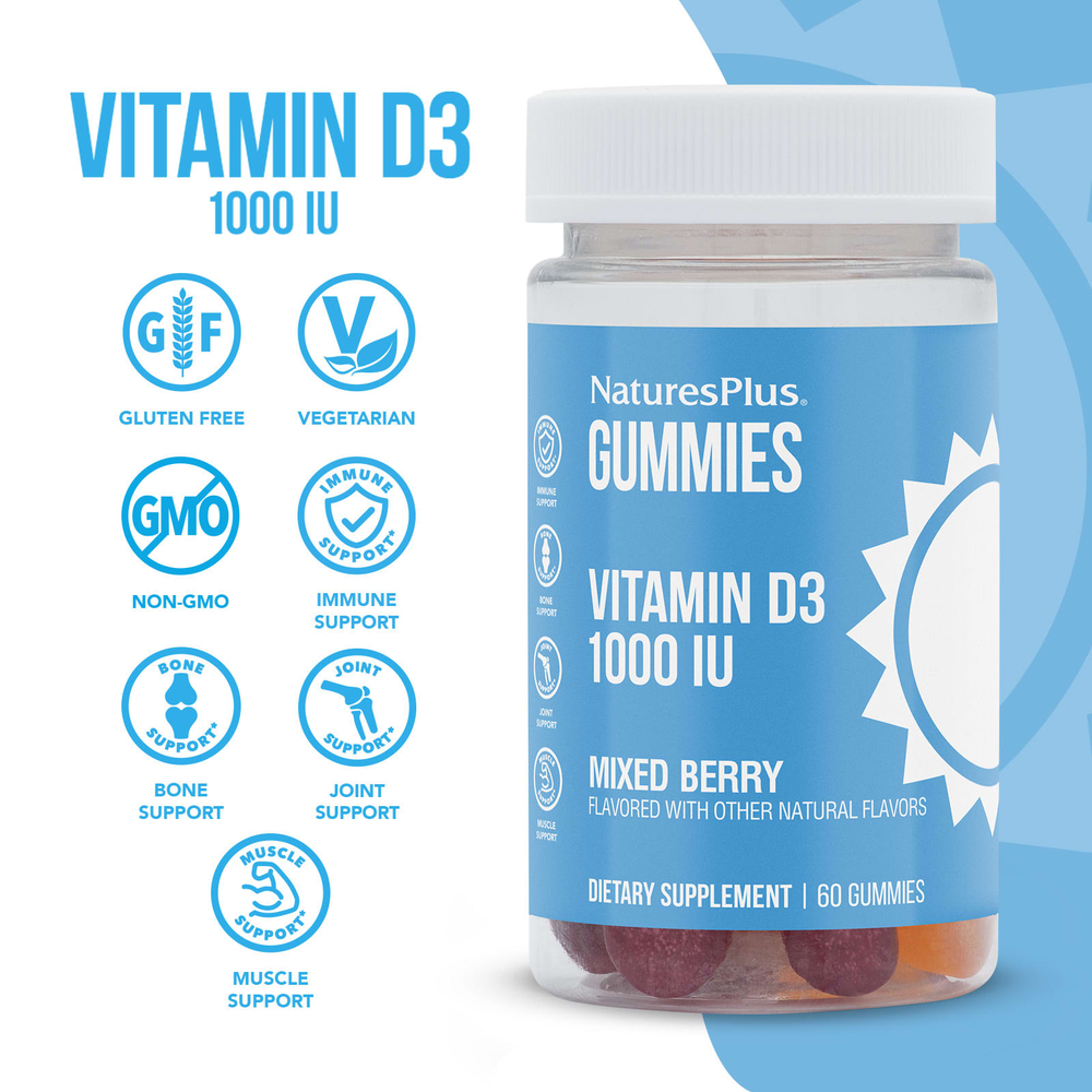 NaturesPlus, Жевательные таблетки с витамином D3, ягодное ассорти, 1000 МЕ, 60 жевательных таблеток