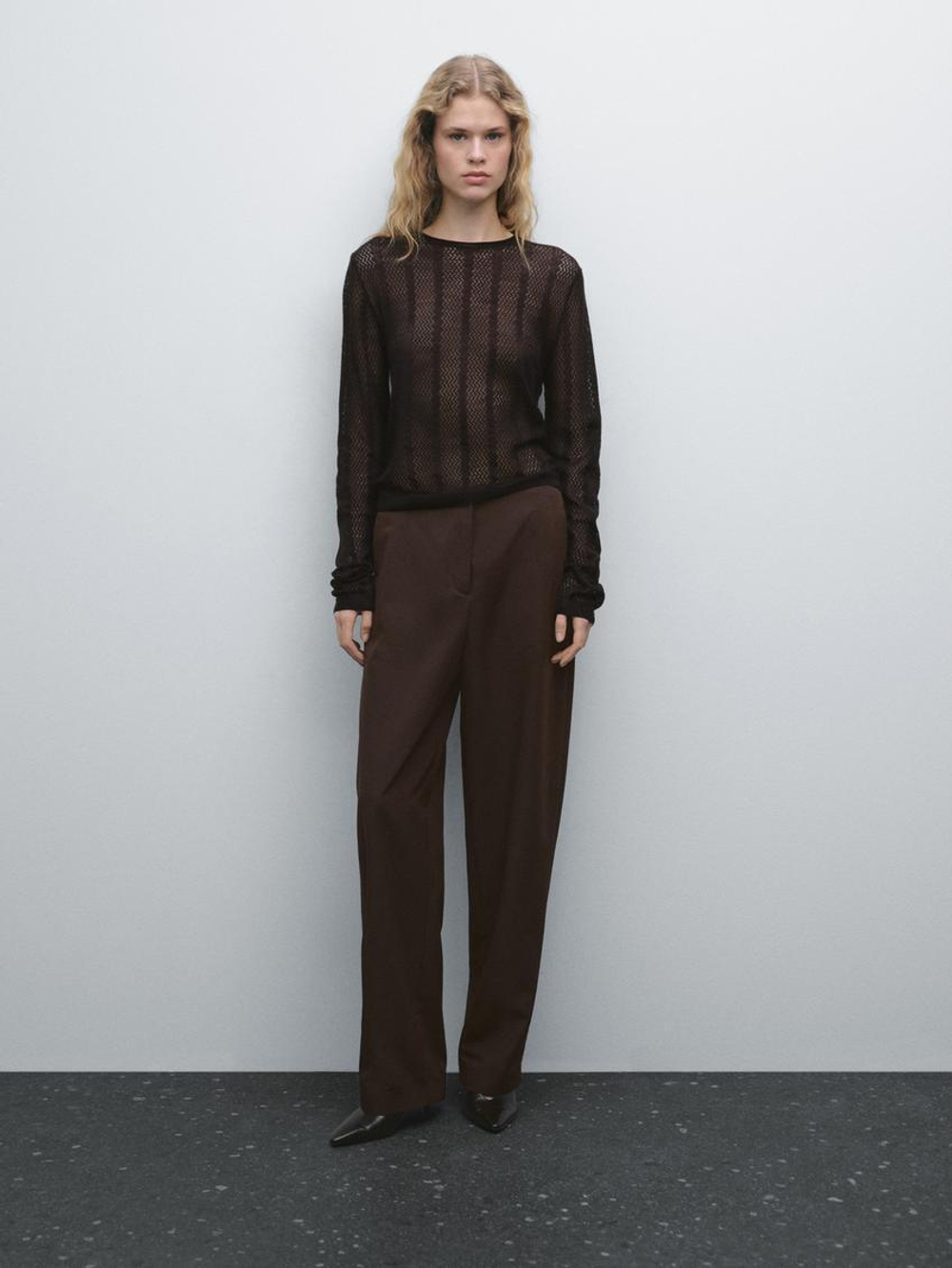 Massimo Dutti Свитер из смесовой шерсти ажурной вязки, коричневый