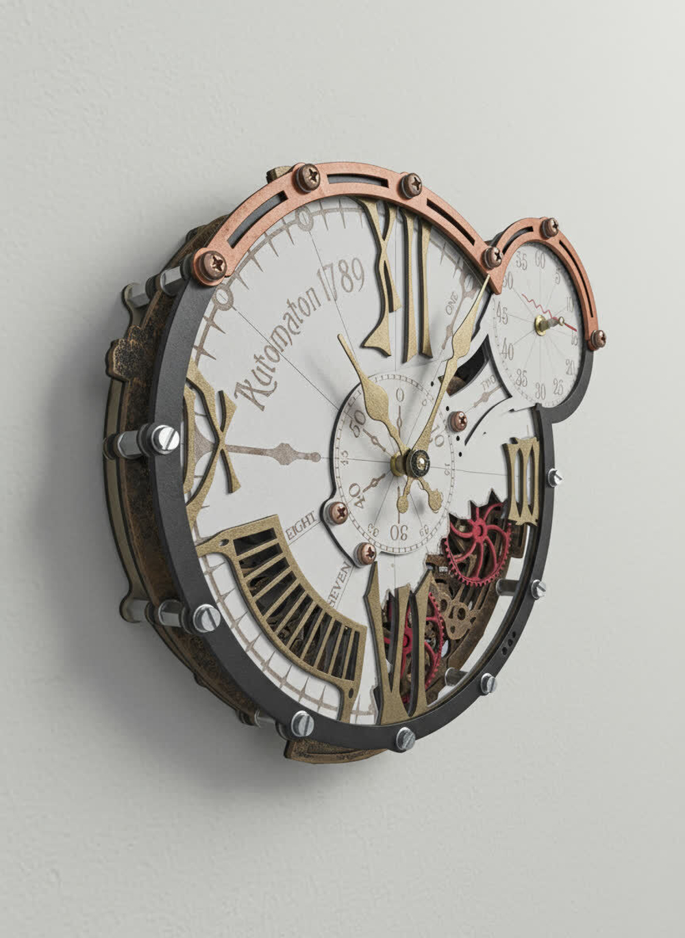 Настенные часы WOODandROOT Automaton 1789 Hermitage с открытым механизмом и вращающимися шестерёнками на светлой стене