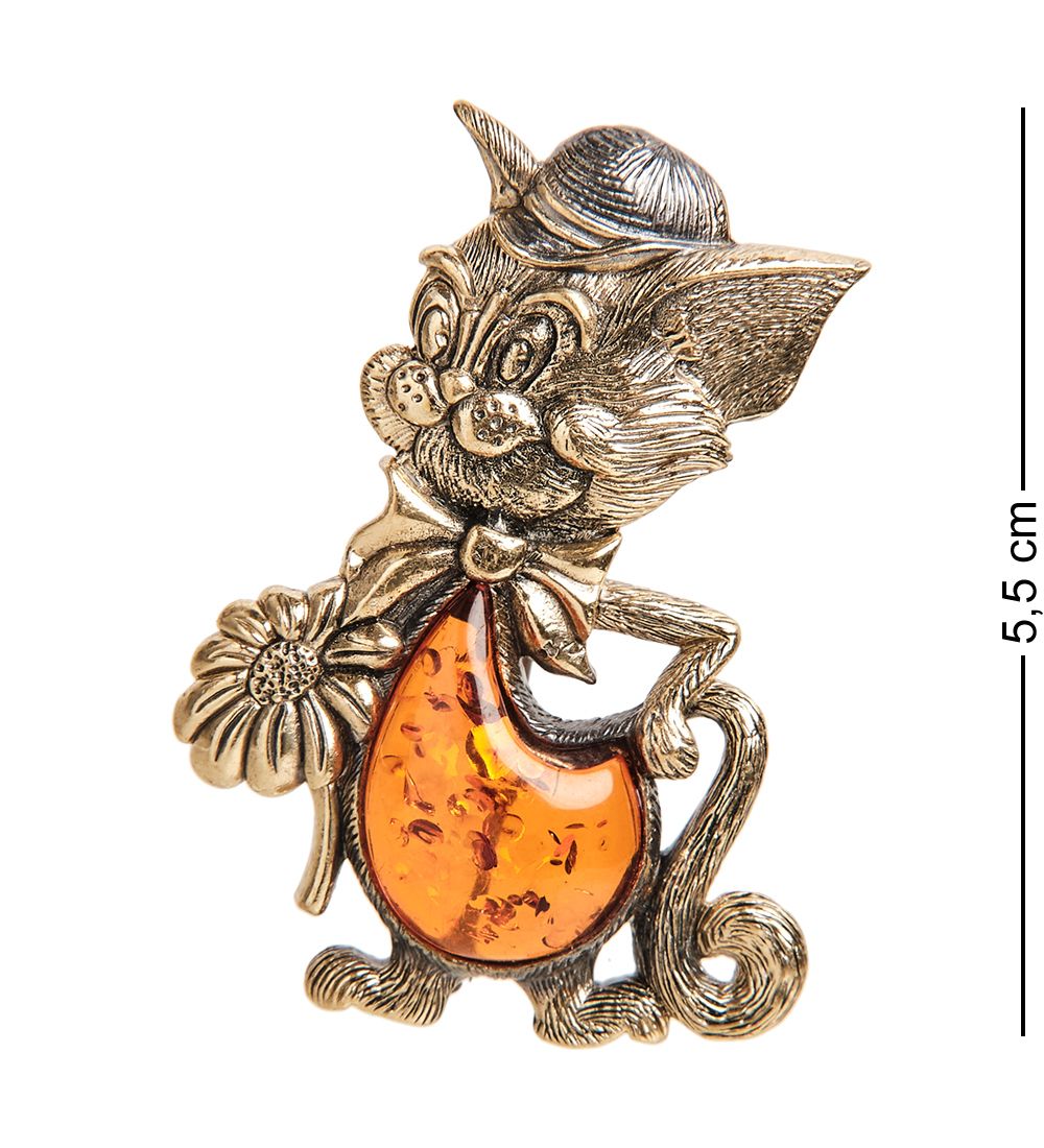 AM-2093 Брошь «Кот Том» (латунь, янтарь)