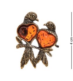 AM-2639 Брошь «Синички любовь» (латунь, янтарь)
