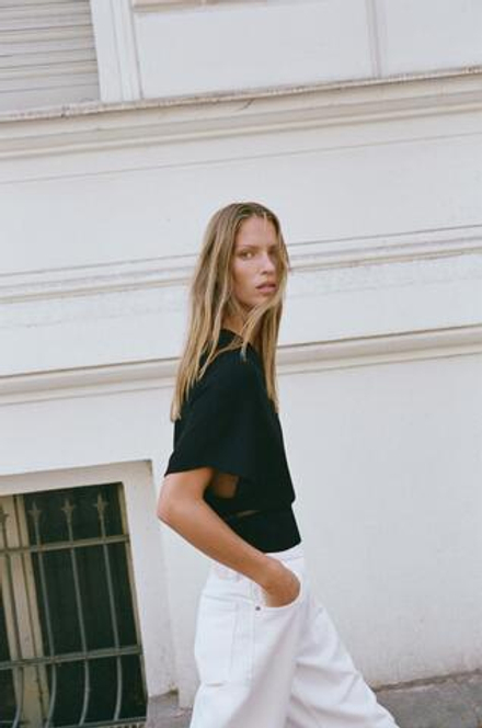 ZARA ТРИКОТАЖНЫЙ ТОП С ПОЯСОМ, ЧЕРНЫЙ