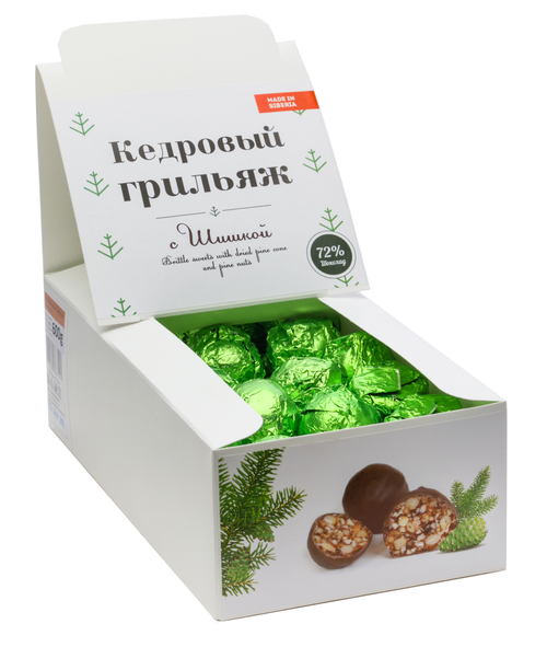 Кедровый грильяж "с Сосновой шишкой" / шоколад 72% / шоу-бокс / 530 гр / 39-40 шт / Солнечная Сибирь