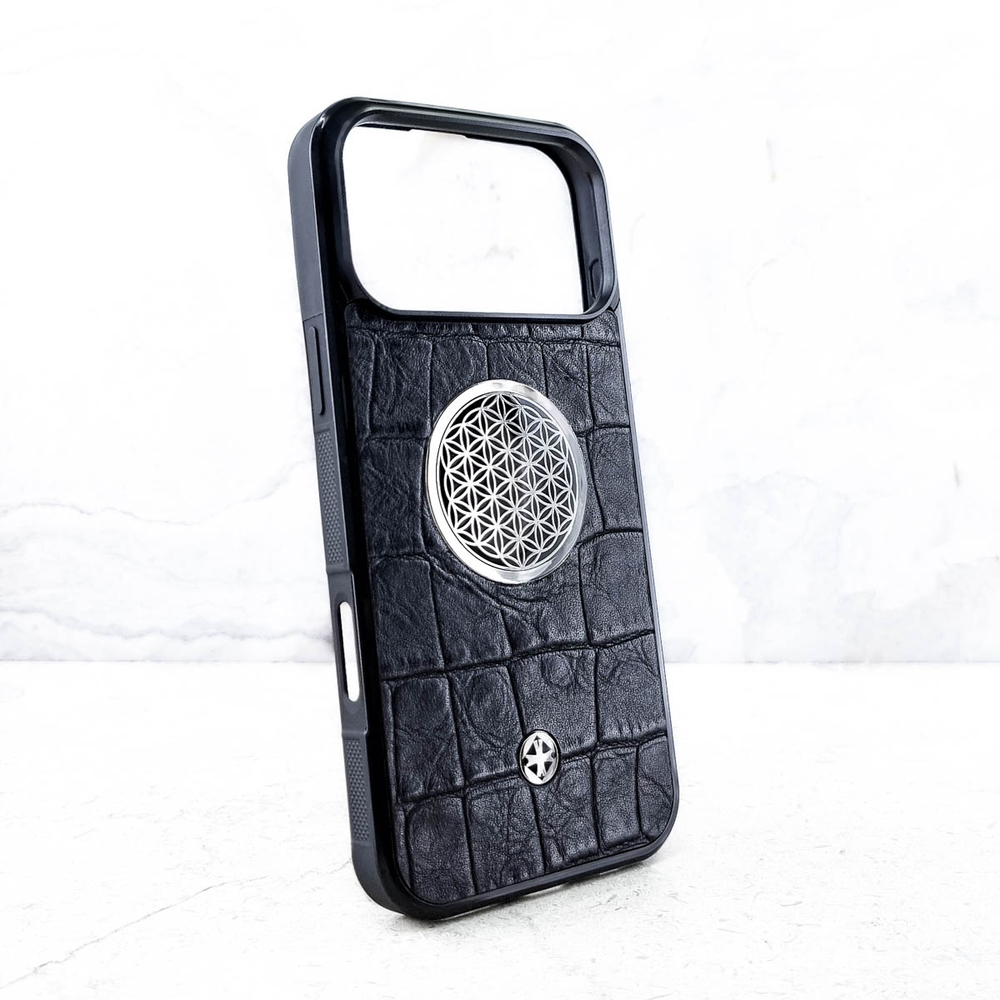 Купить Чехол iPhone 17 pro max натуральная кожа сакральная геометрия цветок жизни - Euphoria HM Premium