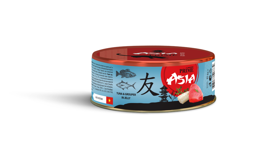 PRIME ASIA  85г Тунец с рыбой групер в желе, для кошек
