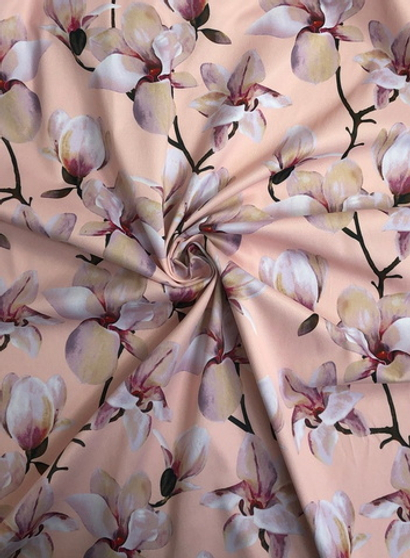 Атлас принт магнолия на персиковом, плотный, глянцевый NEW PARIS D4C3