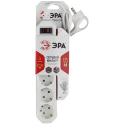 Сетевой фильтр ЭРА USF-5es-1.5m-W с базовой защитой с заземлением с выключателем 5 розеток 1,5м 10А белый