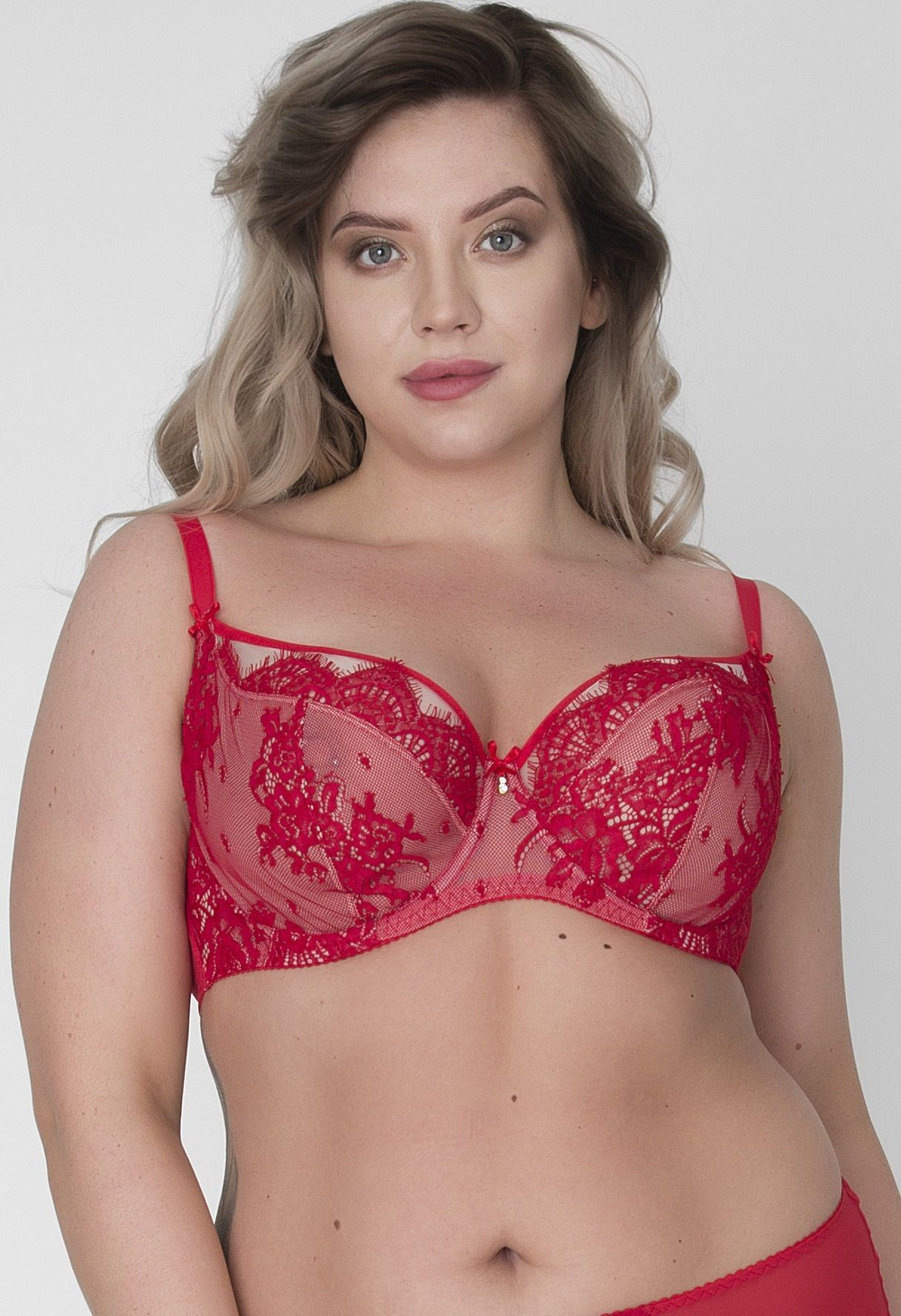 Красный бюстгальтер с мягкой чашкой из кружева с «ресничками» (Размер: 85E) (Цвет: красный)