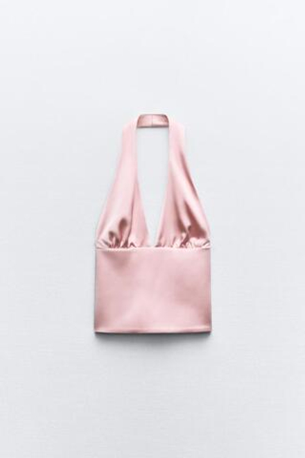 ZARA АТЛАСНЫЙ ТОП С ГОРЛОВИНОЙ ХАЛТЕР И ЗАВЯЗКАМИ,  ЦВЕТ РОЗОВОГО ДЕРЕВА