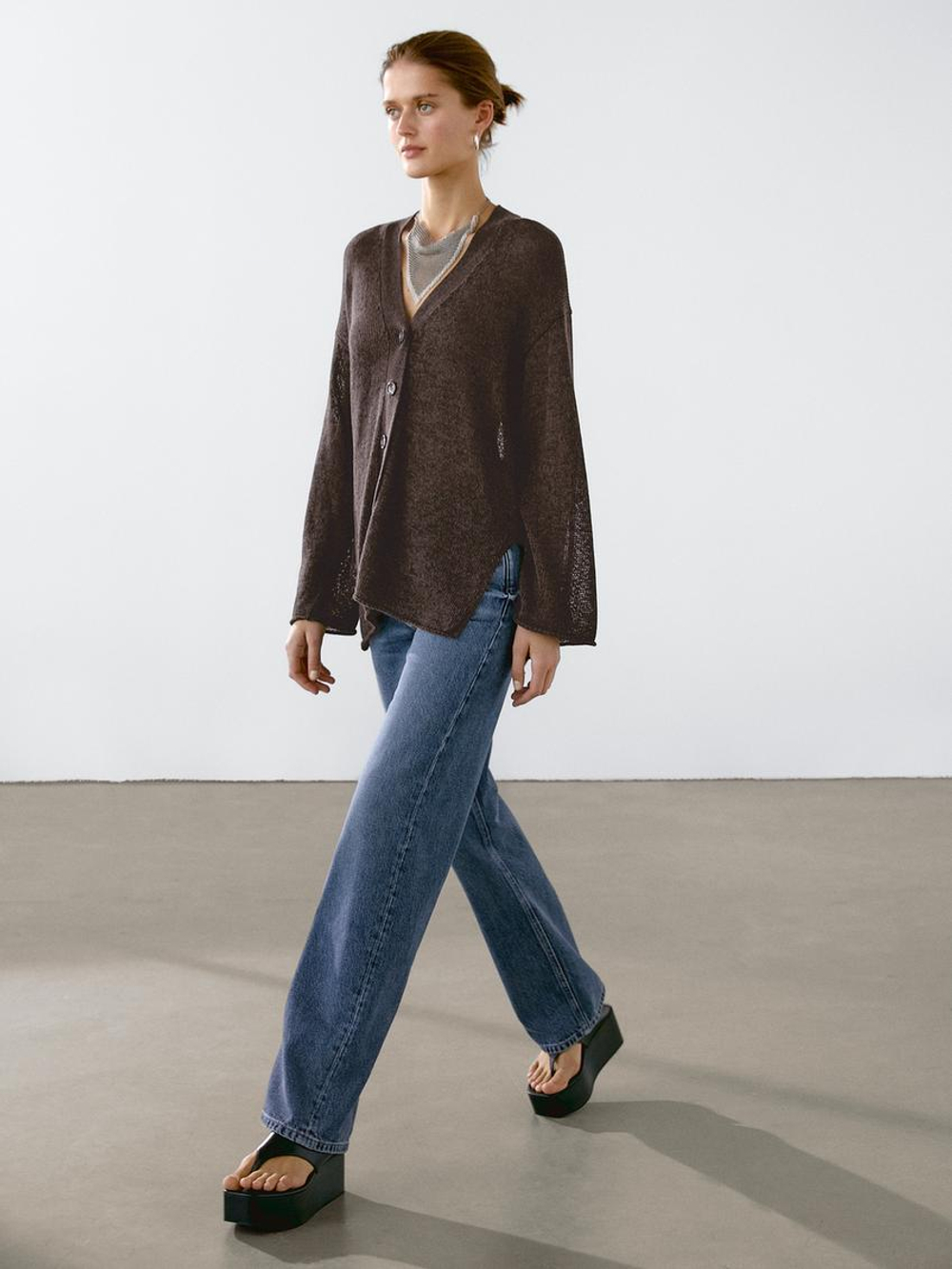 Massimo Dutti Кардиган оверсайз из тонкого трикотажа, шоколадный