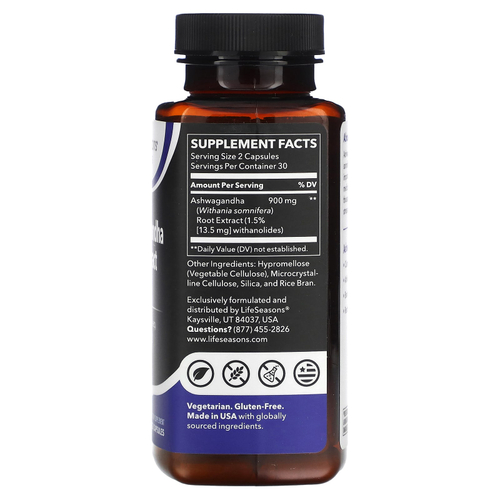 LifeSeasons, Экстракт корня ашваганды, 60 растительных капсул (450 мг на капсулу)