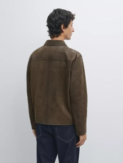 Massimo Dutti Куртка из кожи наппа с застежкой-молнией, зеленый