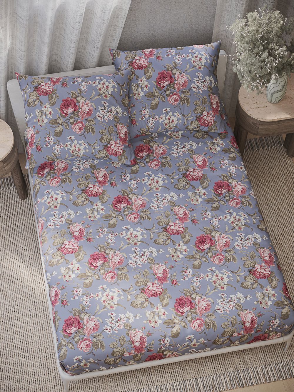 Постельное белье перкаль Сказка "Прохоровская роза" евро Наволочка 50х70 см 2 шт Простынь на резинке 180x200 см Пододеяльник 200x215 см