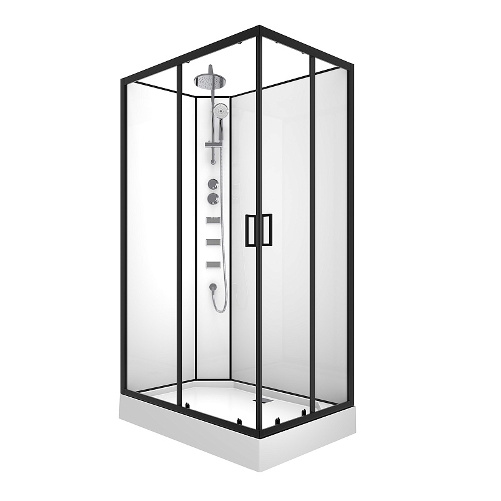 Душевая кабина Loranto NEO 120x80x(190+15) с низким поддоном 15см, прозрачное закаленное стекло 5 мм, задние стеклянные стенки белые, профиль черный-матовый (CS-21813)