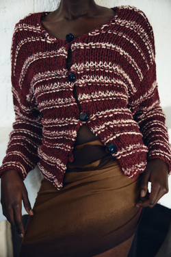 ZARA КОМБИНИРОВАННЫЙ КАРДИГАН, БЕЛЫЙ/ГРАНАТОВЫЙ