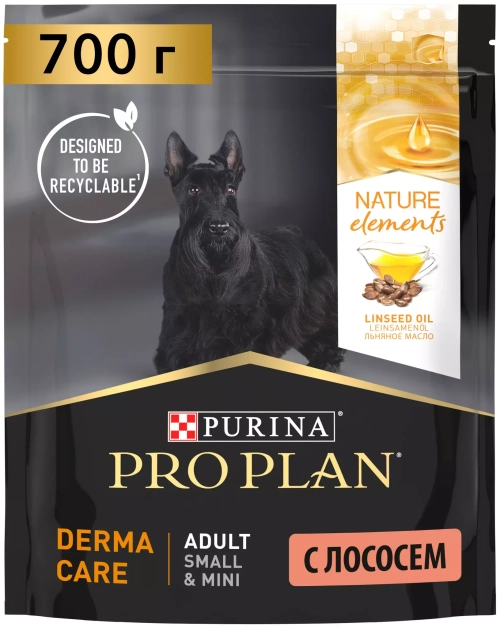 Purina Pro Plan Nature Elements Adult Small Mini Derma Care Сухой корм Про План Натуральный Элемент для собак мелких пород Льняное масло+Лосось, 700г