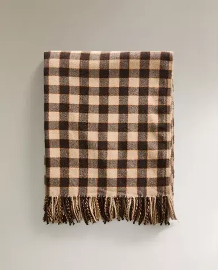ZARA HOME ПЛЕД В КЛЕТКУ С БАХРОМОЙ, КОРИЧНЕВЫЙ