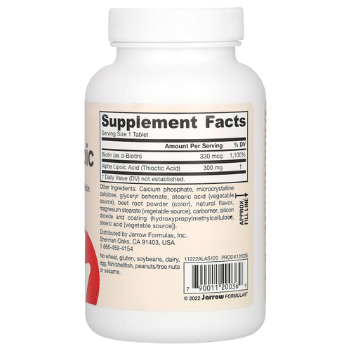 Jarrow Formulas, Alpha Lipoic Sustain, альфа-липоевая кислота с биотином, 300 мг, 120 таблеток