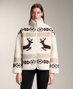 Oysho Куртка из искусственной овчины с оленями и высоким воротником, экрю