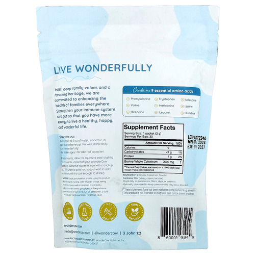 Wondercow, Молозиво в порошке, без добавок, 30 пакетиков по 2 г (0,07 унции)