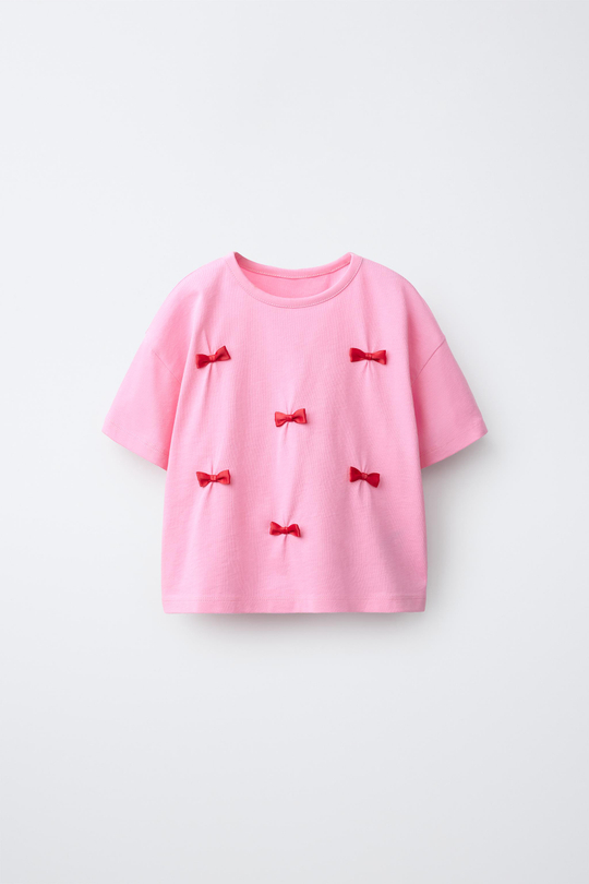 ZARA ФУТБОЛКА С БАНТАМИ, ЯРКО-РОЗОВЫЙ