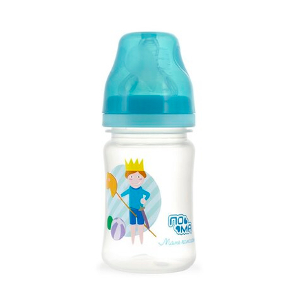 Бутылочка пластиковая с широким горлом с силиконовой соской со средним потоком ПОМА 150 мл. с 4 месяцев, голубой