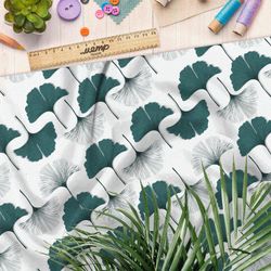 Ткань кулирная гладь белые и зеленые листья
